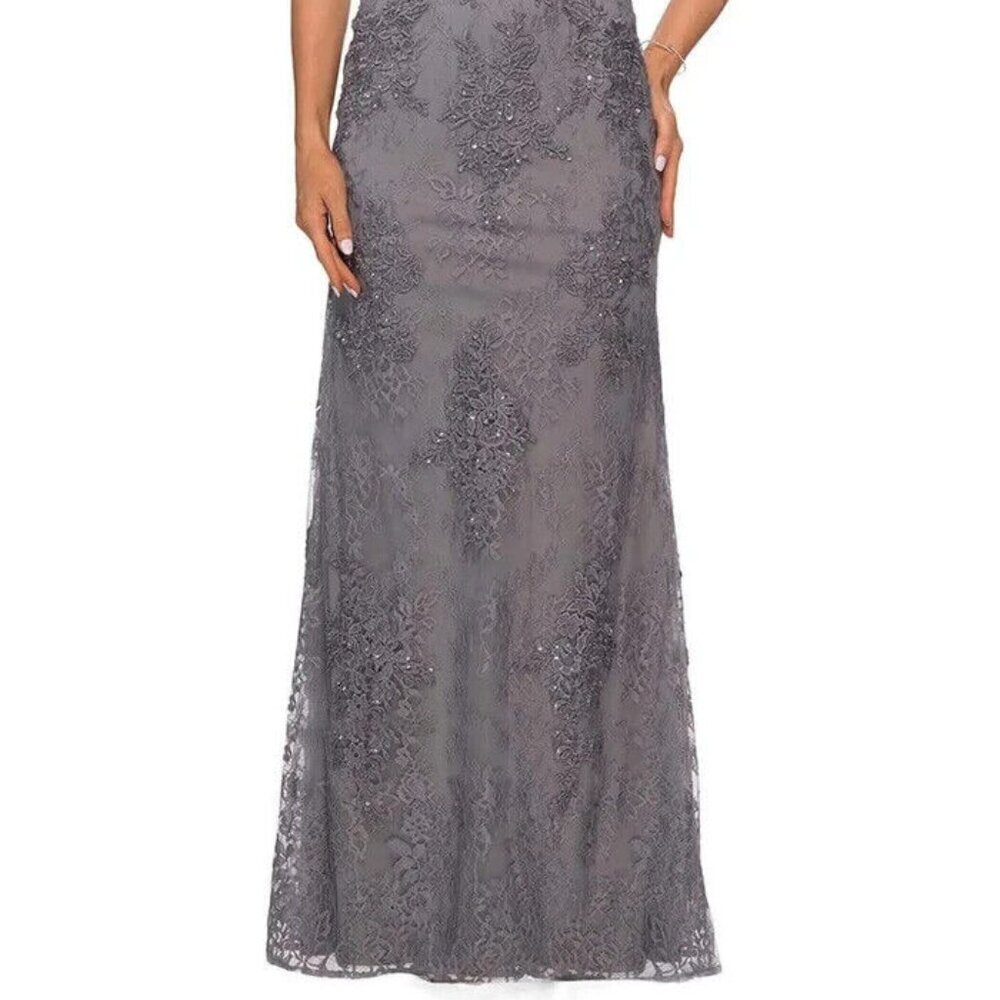 La Femme Dark Platinum Embroidered Beaded Lace Sheath Gown - Picture 2 of 4